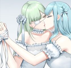 2girls bang_dream! bang_dream!_it&#039;s_mygo!!!!! bare_shoulders blue_background blue_hair choker closed_eyes commentary_request dress eyepatch filha flower gradient_background green_hair hair_flower hair_ornament hair_ribbon highres holding_hands interlocked_fingers kiss long_hair multiple_girls off-shoulder_dress off_shoulder ribbon rose togawa_sakiko two_side_up wakaba_mutsumi white_choker white_dress white_flower white_ribbon white_rose yuri