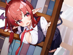 1girl bat_wings black_skirt black_thighhighs black_vest blush bookshelf breasts chikuzen1996 cleavage demon_tail highres koakuma large_breasts long_hair necktie pointy_ears red_eyes red_hair red_necktie shirt skirt solo stuck tail thighhighs touhou vest white_shirt wings