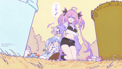ahoge animal_ear_fluff axolotl_(minecraft) belt black_bra blue_hair blush bow bra bra_over_clothes braid bucket carrot carrot_hair_ornament clothing_cutout coat_dress don-chan_(usada_pekora) dress food-themed_hair_ornament fur_scarf grass hair_bow hair_ornament hololive hololive_dev_is kikirara_vivi kneeling leotard leotard_under_clothes long_hair looking_at_viewer looking_away multicolored_hair navel nekonui open_mouth pantyhose purple_arm_warmers rabbit-shaped_pupils rabbit_ears rabbit_girl shirt shorts shoulder_cutout smile symbol-shaped_pupils thick_eyebrows twin_braids twintails two-tone_hair underwear usada_pekora usada_pekora_(1st_costume) virtual_youtuber white_shirt