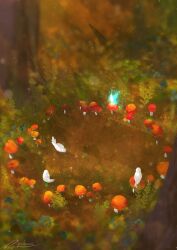 artist_name bird bush dirt fairy fairy_ring fairy_wings fern from_above glowing landscape leaf mini_person mushroom original outdoors painterly scenery see-through_body signature wings zandra