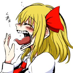 1girl black_vest blonde_hair blush bow closed_eyes long_sleeves medium_hair necktie noumen open_mouth red_bow red_necktie rumia shirt simple_background solo tears teeth tongue touhou vest white_background white_shirt yawning
