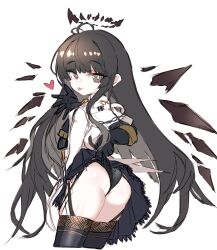 1girl :p arknights ass black_eyes black_gloves black_hair black_halo black_panties black_thighhighs closed_mouth clothes_lift commentary_request cropped_legs dark_halo gloves godgamesc2 grey_pupils halo heart highres korean_commentary lifting_own_clothes long_hair mole mole_under_eye panties simple_background sketch skirt skirt_lift smile solo standing thighhighs tongue tongue_out underwear virtuosa_(arknights) white_background