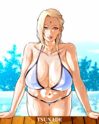 1girl asymmetrical_bangs bare_shoulders bikini blonde_hair breasts brown_eyes character_name collarbone cowboy_shot forehead hair_behind_ear half-closed_eyes highres jewelry large_breasts leaning_forward long_hair looking_at_viewer nail_polish naruto naruto_(series) navel necklace red_nails saburo_des sidelocks swimsuit tree tsunade_(naruto) twitter_username water wet white_bikini