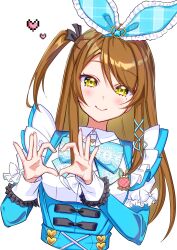 1girl blue_dress blue_ribbon blush bow brooch brown_hair commentary_request dress frilled_sleeves frills hair_ribbon heart heart_hands highres jewelry kanabun_all long_hair long_sleeves looking_at_viewer ribbon simple_background smile solo upper_body white_background world_dai_star yellow_eyes yorozu_iruru