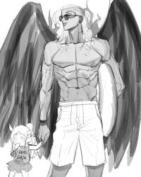 1boy 1girl abs artist_request babysitter child dark_skin english_text expressionless highres horns kaidou_(one_piece) king_(one_piece) long_hair medium_hair one_piece open_clothes pectorals serious simple_background size_difference sunglasses swimsuit white_hair wings yamato_(one_piece) yellow_eyes aged_down