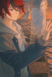 2boys 7nite absurdres aotsuki_eito black_streaks blue_eyes blue_jacket boat clothes_writing collarbone commentary door drawstring english_commentary fading glasses grey_hair grey_jacket hand_up highres hood hoodie jacket long_sleeves looking_ahead looking_at_another male_focus multicolored_hair multicolored_jacket multiple_boys on_boat open_clothes open_jacket outstretched_arm red_hair short_hair smile stairs streaked_hair sumino_takumi sunset the_hundred_line_-last_defense_academy- two-tone_jacket water watercraft weibo_username white_hoodie white_jacket