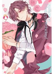 1boy bird black_choker bracelet choker earrings falling_petals flower happy_birthday highres holding holding_flower ikemen_villain jacket jewelry liam_evans male_focus nn87mai pants petals pink_flower pink_rose red_eyes red_hair red_jacket red_pants rose short_sleeves unworn_jacket