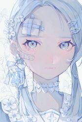 1girl aegyo_sal blue_eyes blue_hair blue_liquid blue_theme bug butterfly choker closed_mouth commentary earrings english_commentary flower frilled_choker frills gauze hair_flower hair_ornament insect intravenous_drip jewelry long_hair looking_at_viewer nekome_toworu original sailor_collar simple_background solo tears upper_body white_background white_choker white_sailor_collar