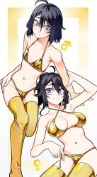 1boy 1girl absurdres bikini black_hair blush breasts breasts_apart bulge closed_mouth collarbone genderswap genderswap_(mtf) gold_bikini gold_thighhighs golden_week golden_week_bikini hand_on_own_hip highres holding_another&#039;s_arm indie_virtual_youtuber kushizaki_(vtuber) looking_at_another mars_symbol medium_hair mole mole_on_breast mole_on_collarbone mole_on_thigh navel purple_eyes simple_background smile st_(youx1119) stomach string_bikini swimsuit thighhighs trap untied_bikini_bottom venus_symbol virtual_youtuber