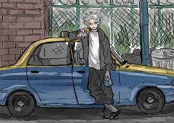 1boy arm_at_side black_eyes black_hoodie black_pants brick_wall car chain-link_fence day donut fence food frown full_body grand_theft_auto grand_theft_auto_v grey_socks heel_up holding holding_carton holding_donut holding_food hood hood_down hoodie koze_niire kuzuha_(nijisanji) leaning_against_vehicle long_sleeves looking_to_the_side male_focus messy_hair motor_vehicle nijisanji open_clothes open_hoodie open_mouth outdoors pants pointy_ears sandals shirt short_hair socks solo standing taxi trash_bag trash_can utility_pole virtual_youtuber white_hair white_shirt