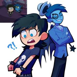 2boys ? animification anti-cosmo ascot bat_wings black_hair blue_eyes buttons child colored_skin crossed_arms derivative_work evil_smile fangs formal_clothes goth_fashion green_eyes hat male_focus medium_hair mmangopudding monocle multiple_boys pointy_ears screenshot_redraw short_sleeves simple_background smile teeth the_fairly_oddparents timmy_turner wand white_background wings