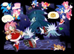 amy_rose amy_rose_(riders) animal_ears black_border blue_fur blue_hair boots border chaos_emerald classic_amy classic_sonic closed_mouth commentary dress english_commentary full_body gloves green_eyes hairband hat heart highres holding jelfruit looking_at_viewer night open_mouth outline pink_fur pink_hair purple_outline red_boots red_dress red_hairband red_shoes sharp_teeth shoes short_hair smile sonic_(series) sonic_the_hedgehog sonic_the_hedgehog_(riders) sonic_the_werehog sonic_unleashed sparkle tail teeth the_murder_of_sonic_the_hedgehog tongue white_gloves