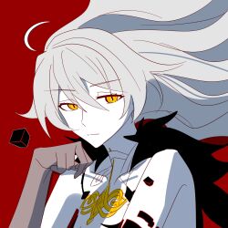 Rule 34 | 1girl, absurdres, ahoge, bare shoulders, black fur, chinese commentary, closed mouth, collarbone, colored skin, cube, floating, floating hair, from side, fur trim, genshin impact, grey hair, hair between eyes, hair floating upwards, hand up, head tilt, hendiurendelaodong, highres, long hair, looking at viewer, looking to the side, multicolored skin, orange eyes, red background, shade, simple background, solo, two-tone skin, unknown god (genshin impact), upper body, wavy hair