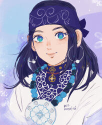 1girl ainu ainu_clothes artist_name asirpa blue_eyes closed_mouth commentary earrings english_commentary eyelashes golden_kamuy headband highres hoop_earrings jewelry looking_at_viewer medium_hair purple_hair purple_headband sidelocks smile solo upper_body yuramoonbow