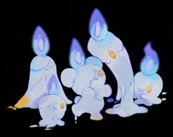 black_background blue_fire candle closed_eyes closed_mouth commentary_request fire full_body gen_5_pokemon lil litwick looking_at_another melting nintendo no_humans pokemon pokemon_(creature) simple_background smile standing yellow_eyes