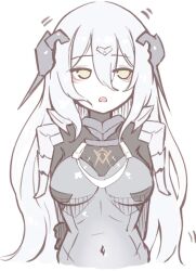Rule 34 | 1girl, arms behind back, black bodysuit, bodysuit, breasts, covered navel, d:, dazed, eyeliner, girls&#039; frontline, grey bodysuit, hair between eyes, headgear, holding own arm, long hair, looking to the side, makeup, medium breasts, no sclera, open mouth, paradeus, red eyeliner, shoulder guard, simple background, solo, tareus (girls&#039; frontline), upper body, very long hair, white background, white hair, yellow eyes, zandorosouls