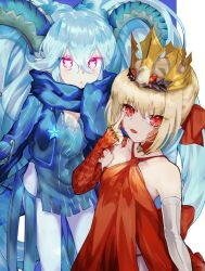 2girls absurdres bare_shoulders blue_dress blue_hair blue_scarf commentary crown dress fate/grand_order fate_(series) glowing glowing_eyes hair_between_eyes highres horns larva_tiamat_(fate) larva_tiamat_(second_ascension)_(fate) long_hair minako_larima multiple_girls nero_claudius_(fate) queen_draco_(fate) queen_draco_(first_ascension)_(fate) red_dress red_eyes scarf short_hair sleeveless sleeveless_dress symbol-only_commentary tiamat_(fate) tongue tongue_out