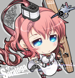 Rule 34 | 1girl, aircraft, airplane, belt, blue eyes, breast pocket, brown hair, character name, chibi, dress, flight deck, hair between eyes, high side ponytail, highres, kantai collection, kuroneko (kuroneko works), long hair, magazine (weapon), neckerchief, pocket, ponytail, red belt, red neckerchief, red thighhighs, rigging, saratoga (kancolle), short sleeves, side ponytail, sidelocks, smile, smokestack hair ornament, solo, thighhighs, white dress