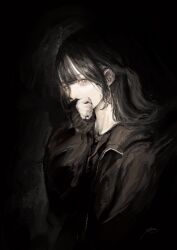 Rule 34 | 1girl, arai bokuseki, black background, black hair, black jacket, commentary request, covering own mouth, dark, grey eyes, highres, jacket, long hair, looking at viewer, original, pale skin, solo, upper body