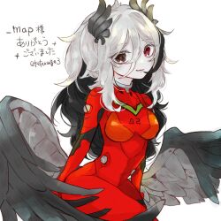 1girl bird_wings black_eyes black_hair bodysuit cosplay heterochromia highres indie_virtual_youtuber ketuusage2 mecha_pilot_suit multicolored_hair nemo_nevermore neon_genesis_evangelion plugsuit_(evangelion) red_bodysuit red_eyes second-party_source signature smile souryuu_asuka_langley souryuu_asuka_langley_(cosplay) virtual_youtuber white_background white_hair wings
