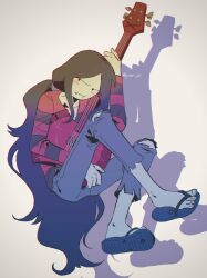 1girl adventure_time artist_name ax_bass axe_guitar bass_guitar black_hair colored_skin commentary drop_shadow fang feet grey_skin horizontal-striped_clothes instrument long_hair marceline_abadeer raya_(uk_0128) solo toes vampire