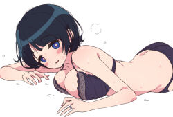 1girl ass bare_arms black_bra black_hair black_panties blue_eyes blush blush_stickers bra breast_press breasts butt_crack cleavage commentary_request gundam gundam_gquuuuuux jewelry large_breasts looking_at_viewer mel_(melty_pot) open_mouth panties ring shiiko_sugai short_hair simple_background smile solo underwear white_background