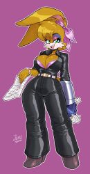 1girl absurdres bodysuit breasts bunnie_rabbot cleavage curvy eyeshadow female_focus full_body green_eyes high_heels highres jamoart jewelry large_breasts looking_at_viewer makeup mechanical_arms necklace rabbit_ears rabbit_girl secretary simple_background single_mechanical_arm solo sonic_(series) watch wide_hips