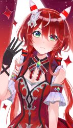 1girl absurdres animal_ears blush breasts cleavage closed_mouth collarbone commentary_request frown gloves green_eyes hair_between_eyes hair_ornament highres horse_ears horse_girl long_hair looking_at_viewer low_twintails red_hair sleeveless small_breasts solo sora_(sjnz7474) twintails umamusume win_variation_(umamusume)