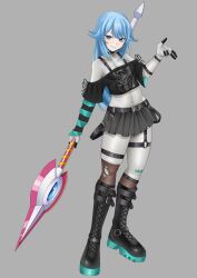 Rule 34 | 1girl, absurdres, alternate costume, alternate hairstyle, bardanv3, belt, blue eyes, blue hair, bodystocking, boots, bra strap, breasts, choker, commission, commissioner upload, covered navel, crop top, eyelashes, fairy leviathan (mega man), full body, gloves, grey background, highres, holding, holding polearm, holding weapon, knee boots, kneehighs, leg wrap, long hair, looking at viewer, mega man (series), mega man zero (series), miniskirt, multiple belts, no headwear, non-web source, off-shoulder shirt, off shoulder, petite, polearm, shirt, skirt, small breasts, smirk, socks, striped sleeves, suspender skirt, suspenders, swept bangs, weapon
