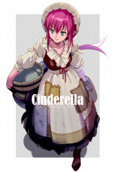 1girl apron black_skirt blue_eyes breasts bucket dragon_tail dress echo_(circa) elizabeth_bathory_(cinderella)_(fate) elizabeth_bathory_(fate) elizabeth_bathory_(scullery_maid)_(fate) fate/grand_order fate_(series) full_body hat long_hair long_sleeves looking_to_the_side pink_hair pointy_ears pout puffy_long_sleeves puffy_sleeves skirt small_breasts tail white_apron white_hat wooden_bucket