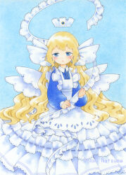 1girl apron blonde_hair blue_dress blue_eyes blush chiori_n colored_pencil_(medium) commentary_request dress floating_clothes half-closed_eyes highres long_hair looking_at_viewer maid open_mouth original solo traditional_media very_long_hair wavy_hair
