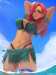 1girl armpits arms_up bikini black_choker blue_sky breasts choker dark-skinned_female dark_skin fire_emblem fire_emblem:_three_houses fire_emblem_heroes flower from_below green_bikini hair_flower hair_ornament hapi_(fire_emblem) hapi_(summer)_(fire_emblem) highres labebebe_lee large_breasts navel nintendo official_alternate_costume open_clothes outdoors red_eyes red_hair sky solo stomach swimsuit teeth thighs tongue water