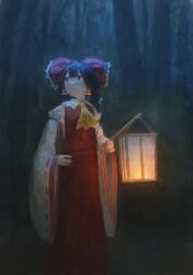 1girl ascot bow closed_mouth commentary cowboy_shot detached_sleeves dot_nose fjsmu frilled_bow frills hair_bow hakurei_reimu highres holding holding_lamp holding_lantern japanese_clothes lamp lantern looking_to_the_side miko night nontraditional_miko red_bow red_shirt red_skirt shirt skirt solo touhou very_long_sleeves white_sleeves wide_sleeves yellow_ascot