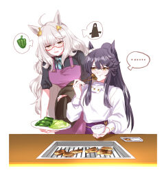 ... 2girls :t ahoge animal_ears apron ascot bandaid bandaid_on_face bandaid_on_nose biwa_hayahide_(umamusume) black_hair black_shirt bowl breasts chopsticks ear_ornament eating food green_pepper hair_ornament holding holding_bowl holding_chopsticks holding_cloth holding_plate horse_ears long_hair long_sleeves looking_at_another meat medium_breasts multiple_girls narita_brian_(umamusume) open_mouth pants plate ponytail purple_pants rice romi_(346_ura) semi-rimless_eyewear shirt short_sleeves sitting small_breasts spoken_ellipsis spoken_object standing sweatdrop table umamusume white_hair white_shirt yellow_eyes