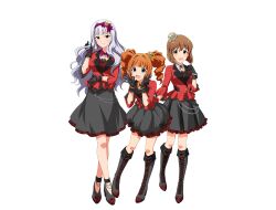 Rule 34 | 3girls, blue eyes, boots, brown eyes, brown hair, chain, crown, drill hair, earrings, floral print, frilled skirt, frills, gloves, grey hair, hagiwara yukiho, hairband, highres, idol clothes, idolmaster, idolmaster million live!, idolmaster million live! theater days, jacket, jewelry, lace-up boots, mini crown, multiple girls, official art, open mouth, orange hair, promotional art, purple eyes, shijou takane, skirt, smile, takatsuki yayoi, transparent background, twin drills, twintails