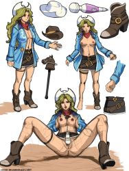 Rule 34 | 1990s (style), between breasts, blonde hair, boots, breasts, cowboy bebop, cowboy boots, cowboy hat, earrings, hat, high heel boots, high heels, hitachi magic wand, jewelry, judy (cowboy bebop), long hair, masturbation, mugensaku, nipples, sex toy, shoes, skirt, spread legs, thigh strap, uncensored, vibrator