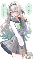 2girls absurdres alternate_costume black_hairband black_sailor_collar blue_eyes blush bow bowtie colored_speech_bubble commentary_request firefly_(honkai:_star_rail) firefly_(spring_missive)_(honkai:_star_rail) green_bow green_bowtie grey_hair hair_ornament hairband highres honkai:_star_rail honkai_(series) long_hair long_sleeves looking_at_viewer multicolored_eyes multiple_girls oguraponti open_mouth plaid_clothes plaid_skirt pleated_skirt purple_eyes sailor_collar school_uniform shirt simple_background skindentation skirt speech_bubble stelle_(honkai:_star_rail) thighhighs trailblazer_(honkai:_star_rail) translation_request two-tone_eyes white_background white_shirt white_thighhighs