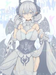 1girl bare_shoulders breasts cleavage clothes_lift cowboy_shot demon_girl demon_horns demon_wings dress dress_lift drill_hair duel_monster gloves grey_eyes grey_hair grey_wings highres horns large_breasts long_hair lovely_labrynth_of_the_silver_castle multiple_wings shakenikomi_purin solo strapless strapless_dress twin_drills white_dress white_gloves wings yu-gi-oh!