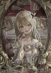 1girl applying_lipstick applying_makeup applying_own_makeup bare_shoulders blonde_hair blood blood_splatter bottle broken_mirror commentary_request cosmetics dress flower hair_between_eyes hand_up highres holding holding_lipstick_tube lipstick_tube long_hair looking_at_viewer marutani mirror original perfume_bottle picture_frame portrait_(object) red_lips reflection reflection_focus rose smile solo table upper_body vanity_table white_dress white_flower white_rose yellow_eyes