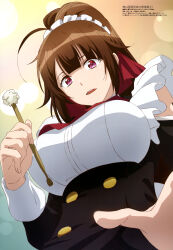 1girl absurdres ahoge amagi_(oreaku) breasts brown_hair copyright_name copyright_notice cotton_swab female_focus highres holding holding_cotton_swab large_breasts long_hair looking_at_viewer looking_down magazine_scan maid maid_headdress megami_magazine official_art ore_wa_seikan_kokka_no_akutoku_ryoushu! parted_lips ponytail purple_eyes robot_girl scan simple_background solo takemoto_kazuki white_background