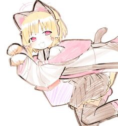 1girl animal_ear_headphones animal_ears black_skirt black_thighhighs blonde_hair blue_archive cat_ear_headphones cat_tail fake_animal_ears fang halo headphones jacket low_twintails momoi_(blue_archive) open_mouth paw_pose pink_eyes pink_halo pleated_skirt school_uniform shinbashi_seiji shirt short_hair simple_background sketch skirt smile solo tail thighhighs twintails white_background white_jacket white_shirt