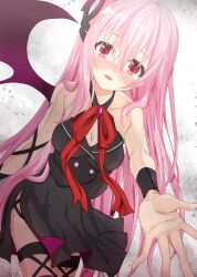 1girl absurdres bat_wings black_dress blush breasts cleavage commentary_request cowboy_shot dress engage_kiss hair_between_eyes highres kisara_(engage_kiss) long_hair looking_at_viewer medium_breasts nose_blush open_mouth outstretched_arm partial_commentary pink_eyes pink_hair reaching reaching_towards_viewer smile solo standing wings yozakura_souki