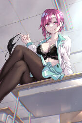 Rule 34 | 1girl, absurdres, black bra, black pantyhose, bow, bow bra, bow panties, bra, breasts, ceiling, ceiling light, chromatic aberration, classroom, cleavage, closed mouth, collar, collared shirt, commentary request, crossed legs, desk, earclip, earrings, eyebrows hidden by hair, feet out of frame, fluorescent lamp, from behind, green collar, green skirt, hand up, hebizono kyouko, highres, holding, holding unworn clothes, jewelry, kamikakushi no eden, lace, lace-trimmed panties, lace bra, lace trim, large breasts, licking lips, long sleeves, looking at viewer, looking down, mole, mole on breast, mole on cheek, mole on neck, mole on thigh, mole under eye, mole under mouth, naughty face, on desk, open clothes, open shirt, panties, panties around one finger, pantyhose, parted bangs, pink eyes, pink hair, sahara386, school desk, school uniform, shirt, short hair, sitting, skirt, slit pupils, solo, string panties, stud earrings, tile ceiling, tiles, tongue, tongue out, underwear, unworn panties, very short hair, white shirt