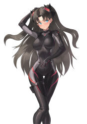 1girl absurdres arm_up averting_eyes black_bodysuit black_hair blue_eyes blush bodysuit breasts cowboy_shot facing_viewer fate/stay_night fate_(series) highres holster ksksksa light_frown long_hair medium_breasts raised_eyebrows simple_background solo thigh_gap thigh_holster tohsaka_rin two_side_up very_long_hair white_background