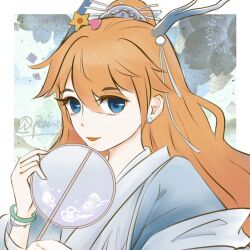 1girl blue_eyes creatures_(company) dress female_focus game_freak gen_1_pokemon gen_3_pokemon horns japanese_clothes kimono lips long_hair luvdisc misty_(pokemon) nintendo orange_hair paciliz pokemon pokemon_rgby simple_background solo staryu wavy_hair