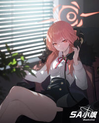 1girl absurdres aru_(blue_archive) black_skirt blue_archive blush closed_mouth crossed_legs demon_girl demon_horns hair_between_eyes hayate_(1034853996) high-waist_skirt highres holding holding_phone horns long_hair looking_at_viewer phone red_hair red_ribbon ribbon shirt skirt smile solo white_shirt yellow_eyes