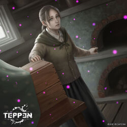 1girl brown_hair buttoned_shirt capcom desk elena_lupu fireplace green_eyes highres kuroiwa_enu official_art ponytail resident_evil resident_evil_village scarf skirt table teppen undershirt