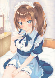 1girl absurdres apron bedroom between_legs blue_bow blue_bowtie blue_dress blue_eyes blush bow bowtie brown_hair buttons closed_mouth collared_dress colored_pencil_(medium) colorful commentary_request cowboy_shot curtains double-parted_bangs dress eyelashes fingernails frilled_sleeves frills hair_intakes hand_between_legs hand_on_own_chest hand_up highres hiro_(dolche-101-hiro) indoors long_hair maid maid_headdress marker_(medium) multicolored_dress on_bed original short_sleeves side_ponytail sidelocks sitting smile solo traditional_media waist_apron white_apron white_dress window wing_collar