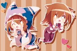 1boy animal_ears blue_headwear blue_shirt blue_shorts blush_stickers bright_pupils brown_background brown_hair cape capri_pants commentary_request drop_shadow gloves hands_on_own_cheeks hands_on_own_face hat heart kirby_(series) long_sleeves magolor male_focus multiple_views nintendo no_nose one_eye_closed open_mouth pants personification pink_pants shirt short_sleeves shorts smile striped_background striped_clothes striped_pants traditional_media usagi_nui vertical-striped_clothes vertical-striped_pants white_cape white_pupils white_shirt yellow_eyes yellow_gloves
