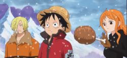 1girl 2boys animated animated_gif black_eyes black_hair blonde_hair bone brown_eyes cigarette closed_eyes coat eyelashes facial_hair food gloves goatee hat long_hair lowres meat monkey_d._luffy mountain multiple_boys nami_(one_piece) nami_(one_piece)_(punk_hazard) one_piece open_mouth orange_hair punk_hazard sanji_(one_piece) short_hair snow snowing straw_hat teeth tongue